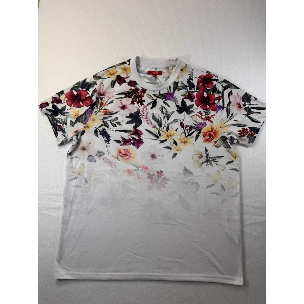 Guess Los Angeles Mens Tropical Floral T Shirt Large White Short Sleeve Casual